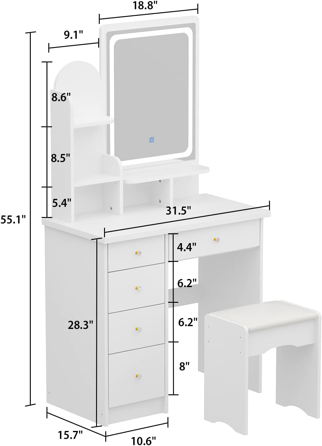 FUFU&GAGA Vanity Set with Rectangular Mirror, Makeup Vanity Dressing Table with 5 Drawers, Shelves, Dresser Desk and Cushioned Stool Set (B White/Lighted Mirror)