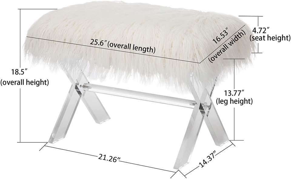 Glitzhome White Faux Fur Ottoman Bench, Modern Ottoman Footrest Stool Vanity Stool with Acrylic Legs Accent Bench for Entryway Living Room Bedroom, 25.5' L