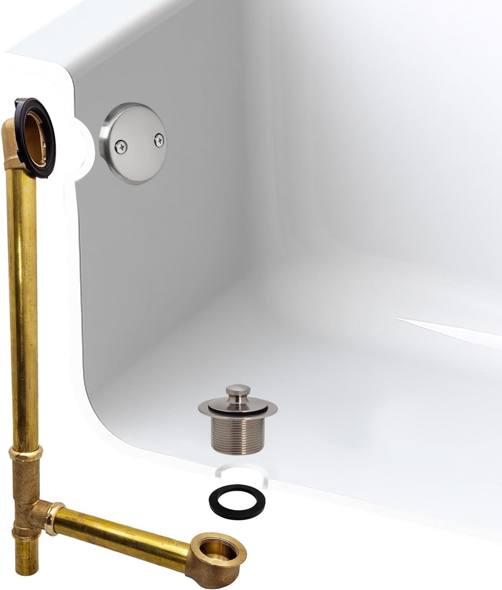 Westbrass A3264-07 22-1/2' Brass Bath Waste & Overflow Assembly with Pull Drain Plug and 2-Hole Faceplate, Satin Nickel