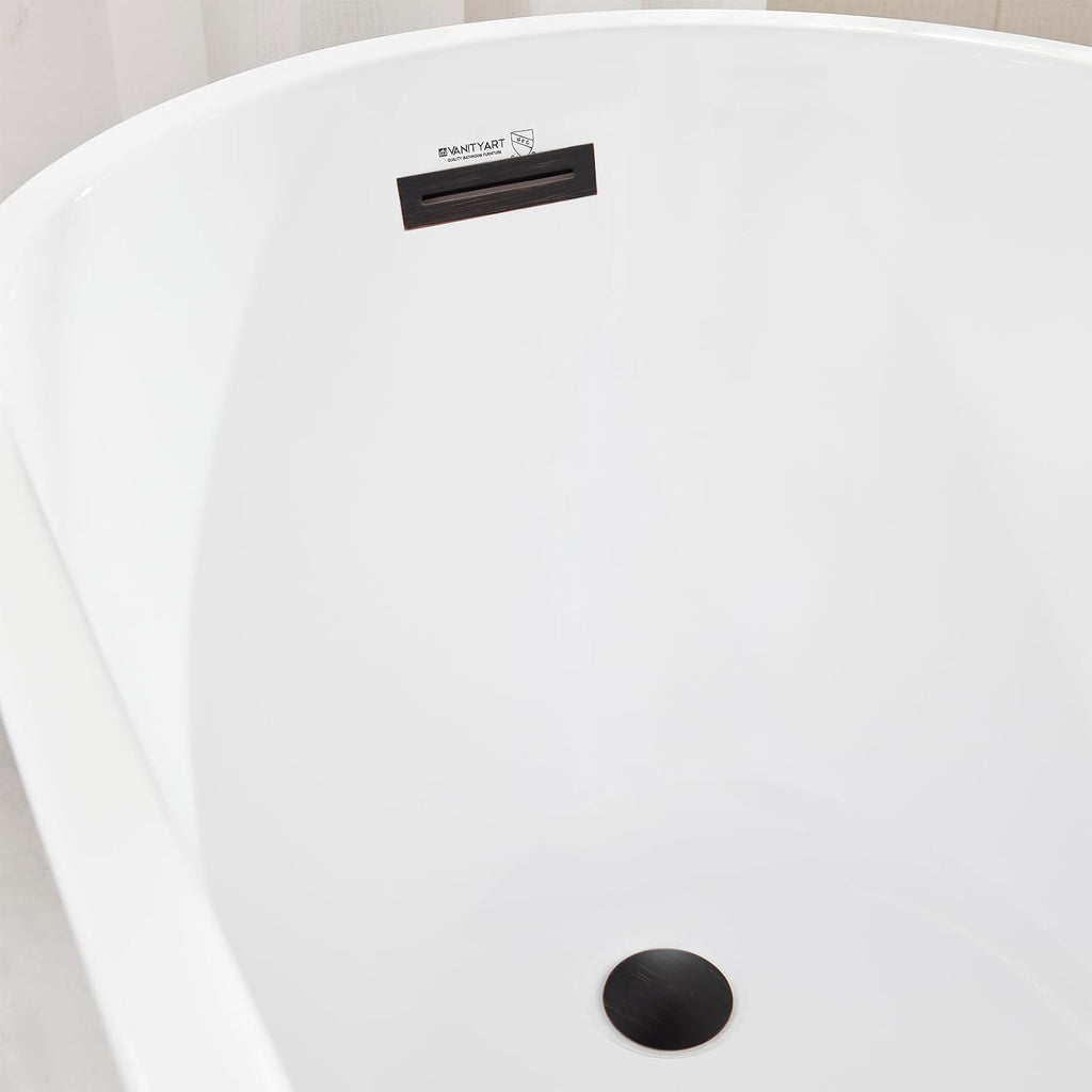 Vanity Art 55 x 28 Inches Freestanding Bathtub White Acrylic Bathtub Modern Stand Alone Soaker Tub with UPC Certified Slotted Overflow and Pop-up Drain for Single Person Bathing