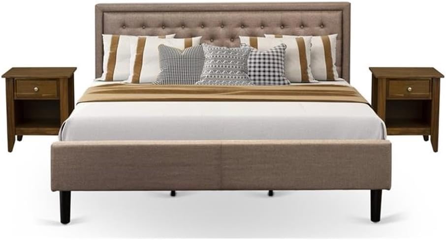 East West Furniture KD16K-2GA08 3 Piece King Bed Set - 1 King Bed Brown Linen Fabric Padded and Button Tufted Headboard with 2 Night Stands for Bedroom - Antique Walnut Finish Nightstand