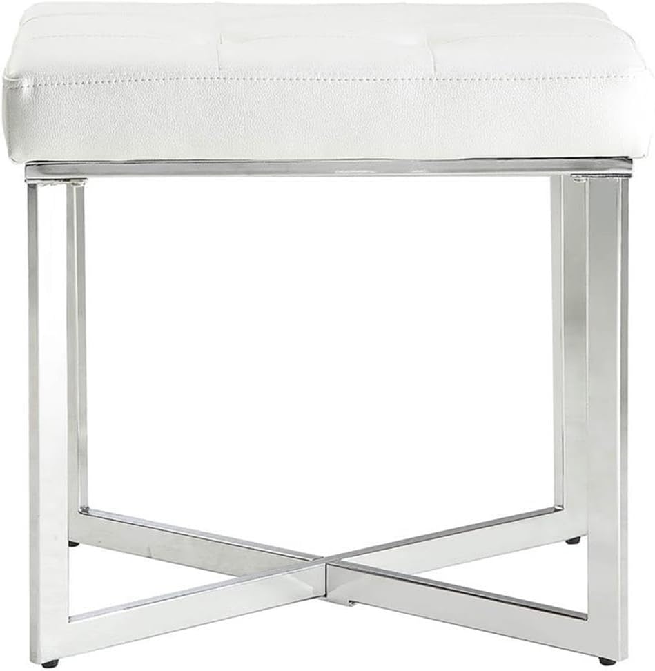 Pemberly Row 19' H Modern Faux Leather Summer Vanity Bench with Metal Base, Tufted Seat Cushion, X-Leg, in White & Chrome Finish