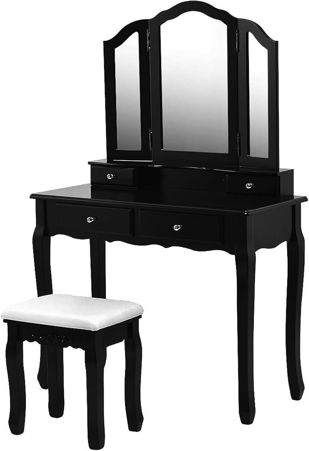 Giantex Vanity Set with Tri-Folding Mirror and 4 Drawers, Makeup Dressing Table with Cushioned Stool for Girls Women, Modern Bedroom Bathroom Makeup Table with Stool (Black)