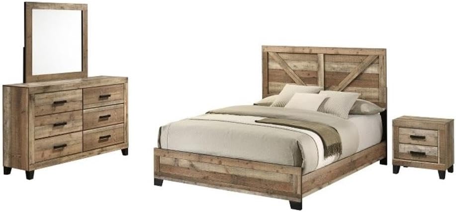 Best Quality Furniture 4 Piece Weathered Brown Pine Wood Bedroom Set in Queen
