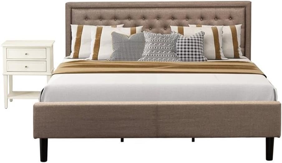 East West Furniture KD16K-1VL0C 2 Piece King Size Set-1 Bed Frames Brown Linen Fabric Padded and Button Tufted Headboard with 1 Small Wire Brushed Butter Cream Finish Nightstand
