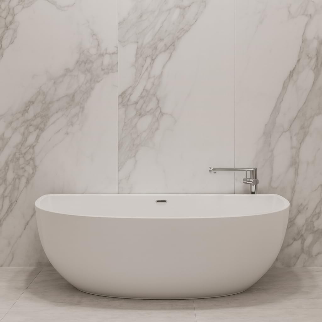Carver Tubs - Trinity 69' - Modern White Freestanding Soaking Bath Tubs for bathroom, With Chrome Drain - Semicircular Acrylic Fiberglass Spacious Tub - Deep Relaxing Soak - 69'L x 31'W x 23.5'H