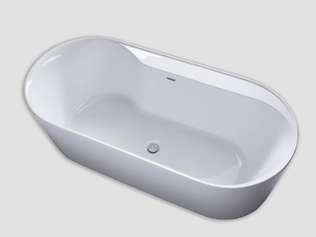 Carver Tubs - Amur 70' - Modern White Freestanding Soaking Bathtub With Chrome Drain - Modern Spacious Two Person Acrylic Fiberglass Bath Tub - Deep Relaxing Soak - 70.5″L x32.5'W x 23'H