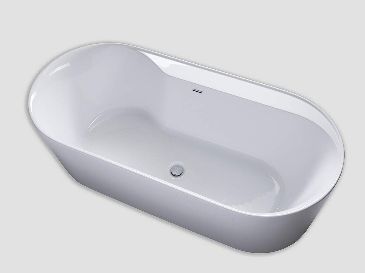 Carver Tubs - Amur 70' - Modern White Freestanding Soaking Bathtub With Chrome Drain - Modern Spacious Two Person Acrylic Fiberglass Bath Tub - Deep Relaxing Soak - 70.5″L x32.5'W x 23'H