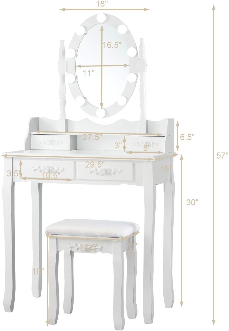 Giantex Makeup Vanity Table with 10 LED Lights, Adjustable Brightness, 3 Color Light Modes, 4 Drawers, Rotatable Mirror, Cushioned Stool, Vanity Desk Dressing Table Bedroom Furniture (White)