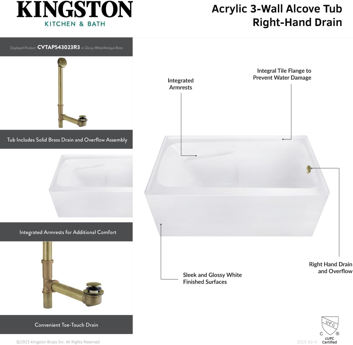 Aqua Eden CVTAP543023R7 54' Acrylic Rectangular 3-Wall Alcove Tub with Armrests, Right Hand Drain, Glossy White/Brushed Brass