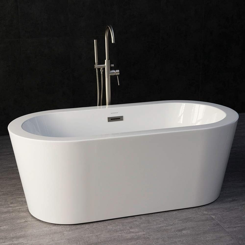 WOODBRIDGE 59' Acrylic Freestanding Bathtub Contemporary Soaking White Tub with Brushed Nickel Overflow and Drain，B0012 -B/N-Drain &O