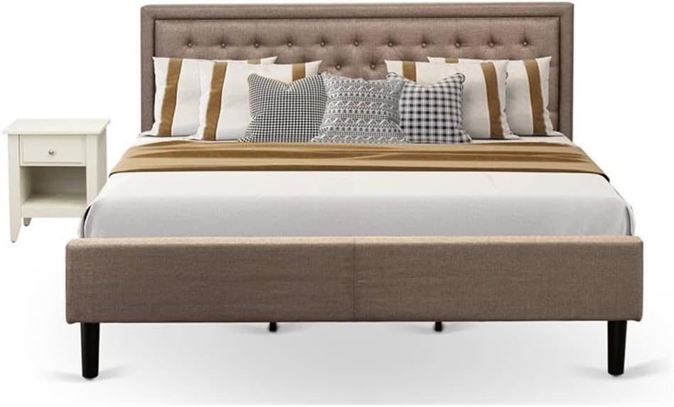 East West Furniture KD16K-1GA0C 2 Piece Bedroom Set-1 King Bed Frame Brown Linen Fabric Padded and Button Tufted Headboard with 1 Wood Wire Brushed Butter Cream Finish Nightstand