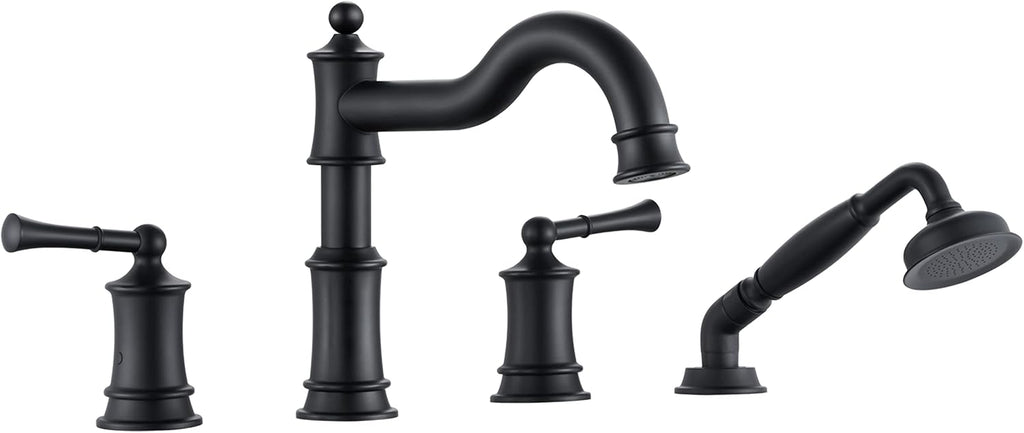Roman Bathtub Faucet Set With Hand Shower 4 Hole Deck Mount Tub Filler With Diverter, 2 Lever Handle Rough-in Valve and Water Supply Lines Included for Bathroom Tub, Matte Black