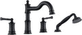 Roman Bathtub Faucet Set With Hand Shower 4 Hole Deck Mount Tub Filler With Diverter, 2 Lever Handle Rough-in Valve and Water Supply Lines Included for Bathroom Tub, Matte Black