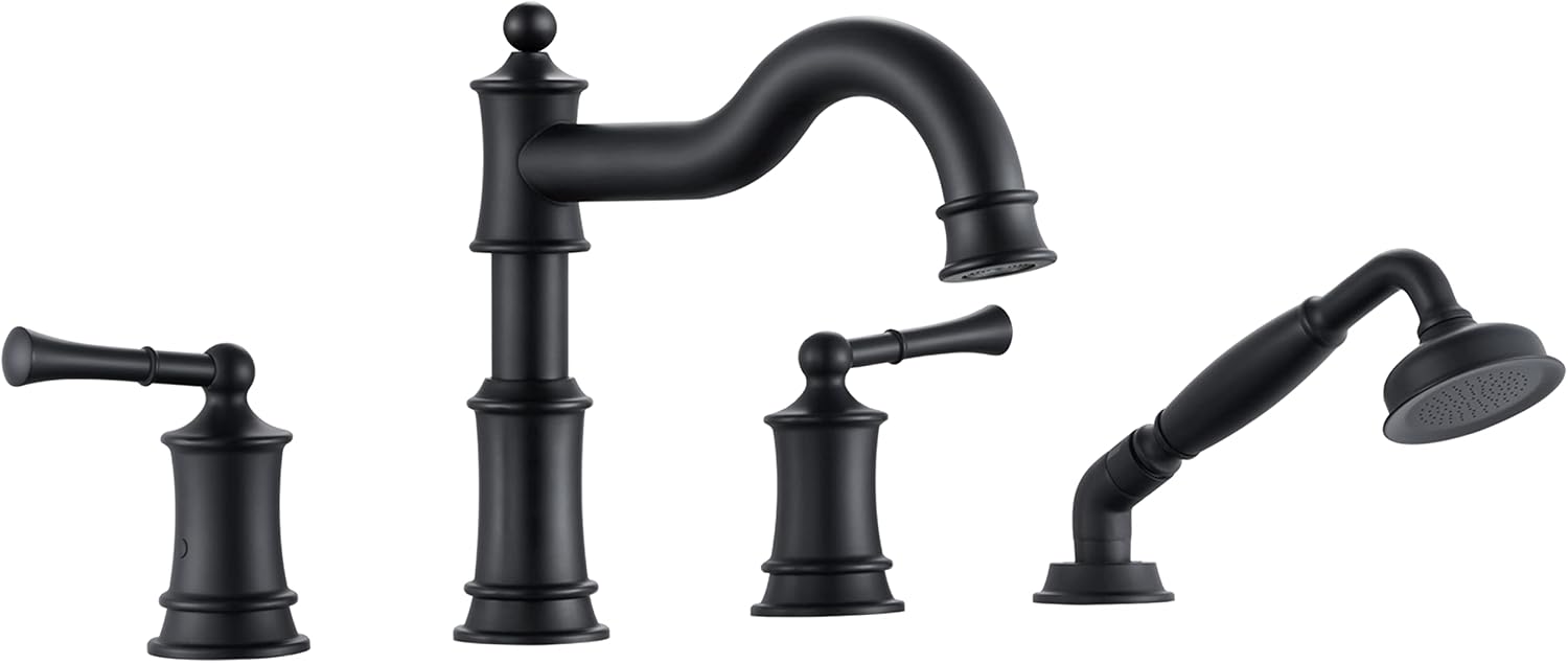 Roman Bathtub Faucet Set With Hand Shower 4 Hole Deck Mount Tub Filler With Diverter, 2 Lever Handle Rough-in Valve and Water Supply Lines Included for Bathroom Tub, Matte Black