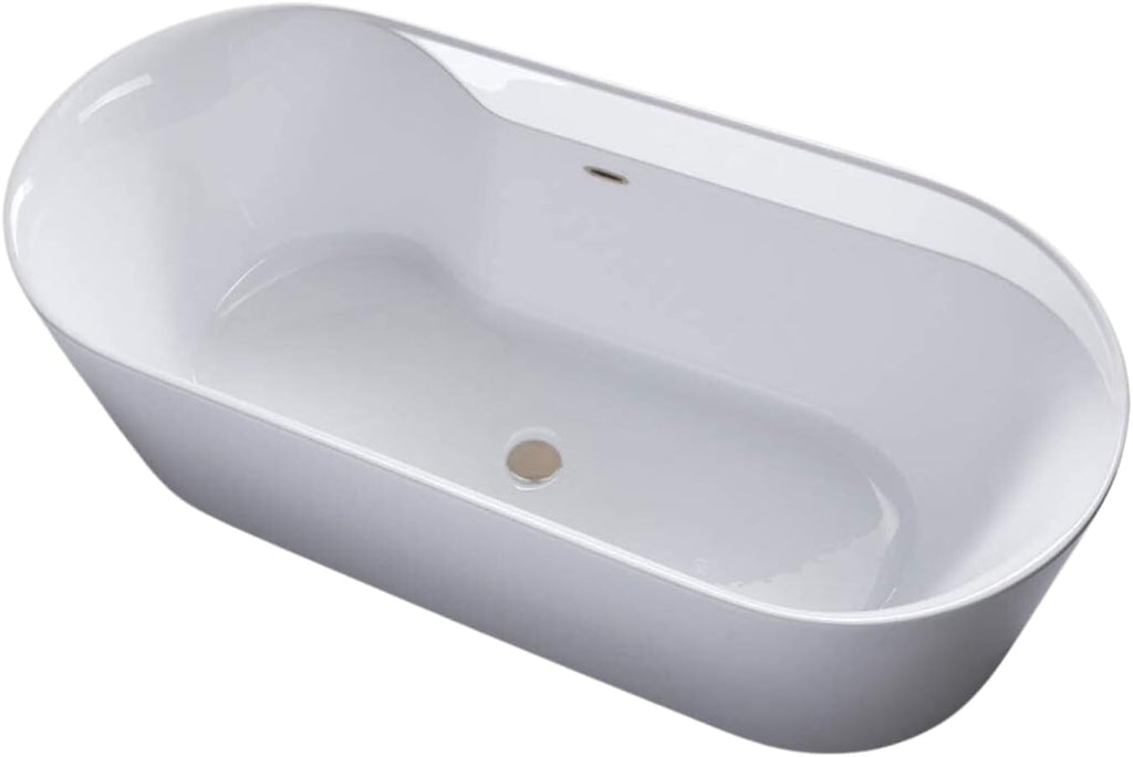 Carver Tubs - Amur 70' - Modern White Freestanding Soaking Bathtub With Brushed Nickel Drain - Modern Spacious Oval Acrylic Fiberglass Bath Tub - Deep Relaxing Soak - 70.5″L x32.5'W x 23'H