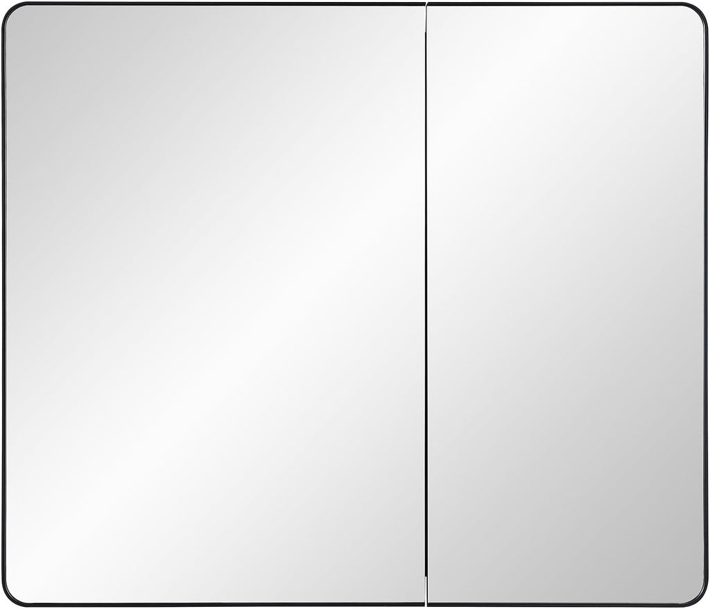 IDYLLOR Black Bathroom Medicine Cabinet with Round Corner Framed Door and Beveled Edge Mirror 22 x 20 inch, Recessed or Surface Mount, with Adjustable Glass Shelves