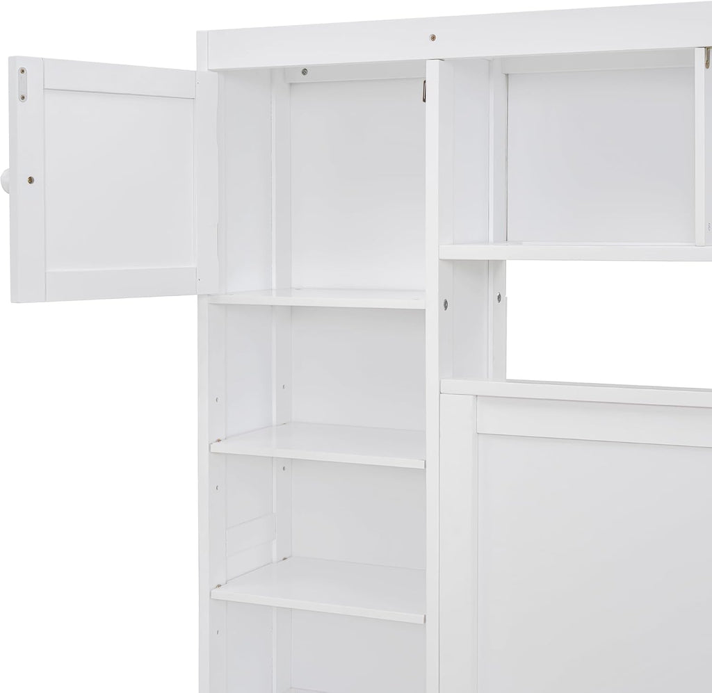 Polibi Full Size Bed Frame with Bookcase Headboard,2 Storage Drawers and Trundle,Wooden Platform Bed Full Size with All-in-One Cabinet, Shelf and Sockets,White