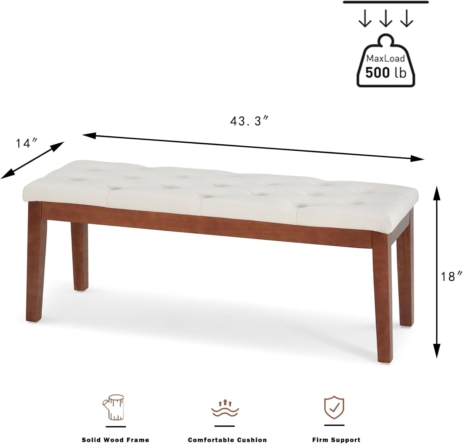 Ottoman Bench Upholstered Padded Seat with Solid Wood Legs and Button-Tufted, Linen Dark Gray