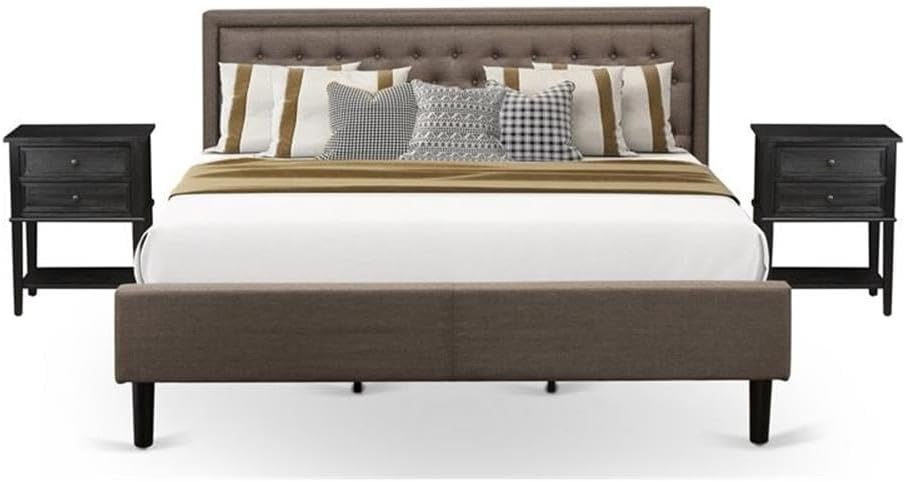 East West Furniture KD18K-2VL06 3 Piece King Size Bed Set - 1 King Bed Brown Linen Fabric Padded and Button Tufted Headboard with 2 Mid Century Nightstand - Wire Brushed Black Finish Nightstand