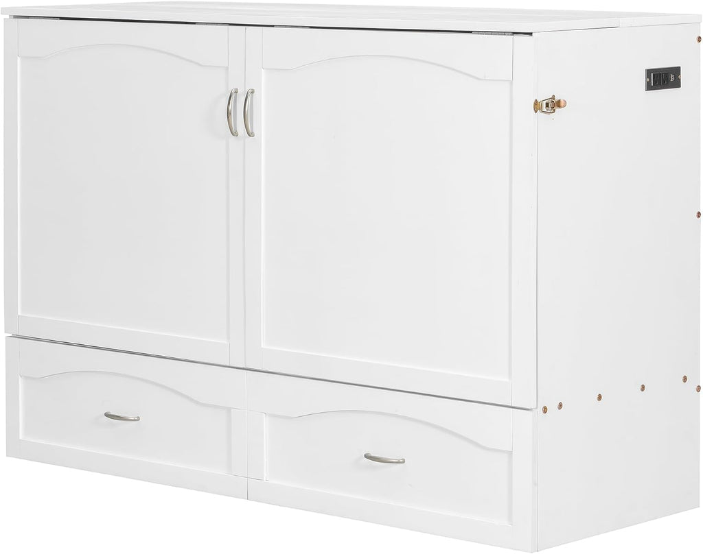 Merax Queen Size Murphy Bed Wall Bed with Drawer and a Set of Sockets & USB Ports, Pulley Structure Design, White