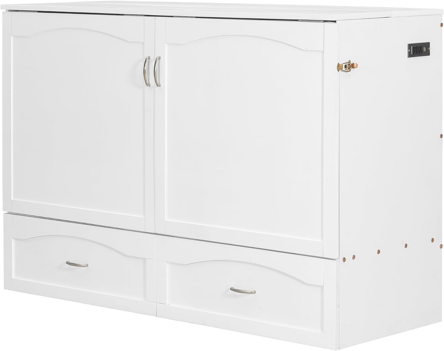 Merax Queen Size Murphy Bed Wall Bed with Drawer and a Set of Sockets & USB Ports, Pulley Structure Design, White