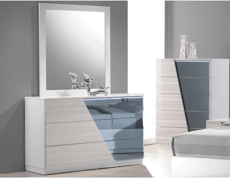Modern 5-Piece Eastern King Size Bedroom Set, LED Lighting, High Gloss Lacquer Finish Wooden Bedroom Set, Zebra Gray