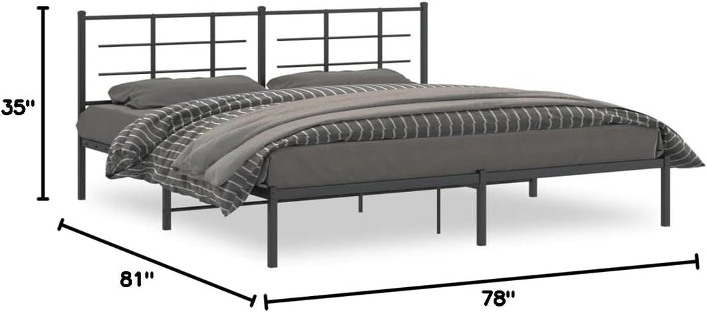 Metal Bed Frame with Headboard Black Steel King Size Platform Bedframe 76'x79.9' Durable Bed Base with Underbed Storage Space for Bedroom Furniture