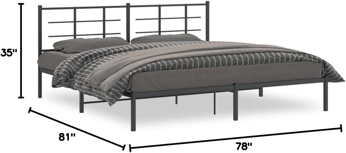 Metal Bed Frame with Headboard Black Steel King Size Platform Bedframe 76'x79.9' Durable Bed Base with Underbed Storage Space for Bedroom Furniture