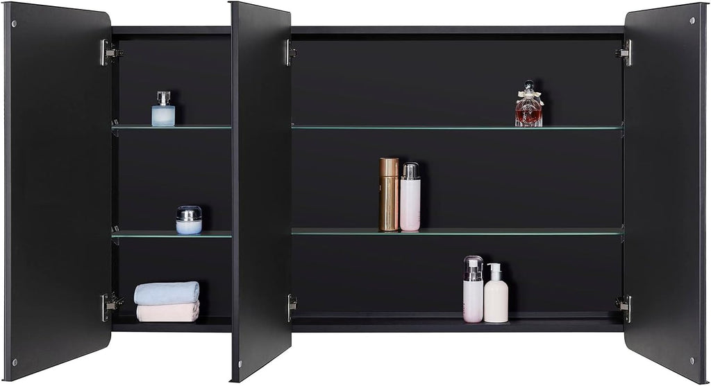 IDYLLOR Bathroom Mirror Medicine Cabinet with Round Corner Framed Door 48 x 30 inch, Black，Recessed or Surface Mount, with Adjustable Glass Shelves