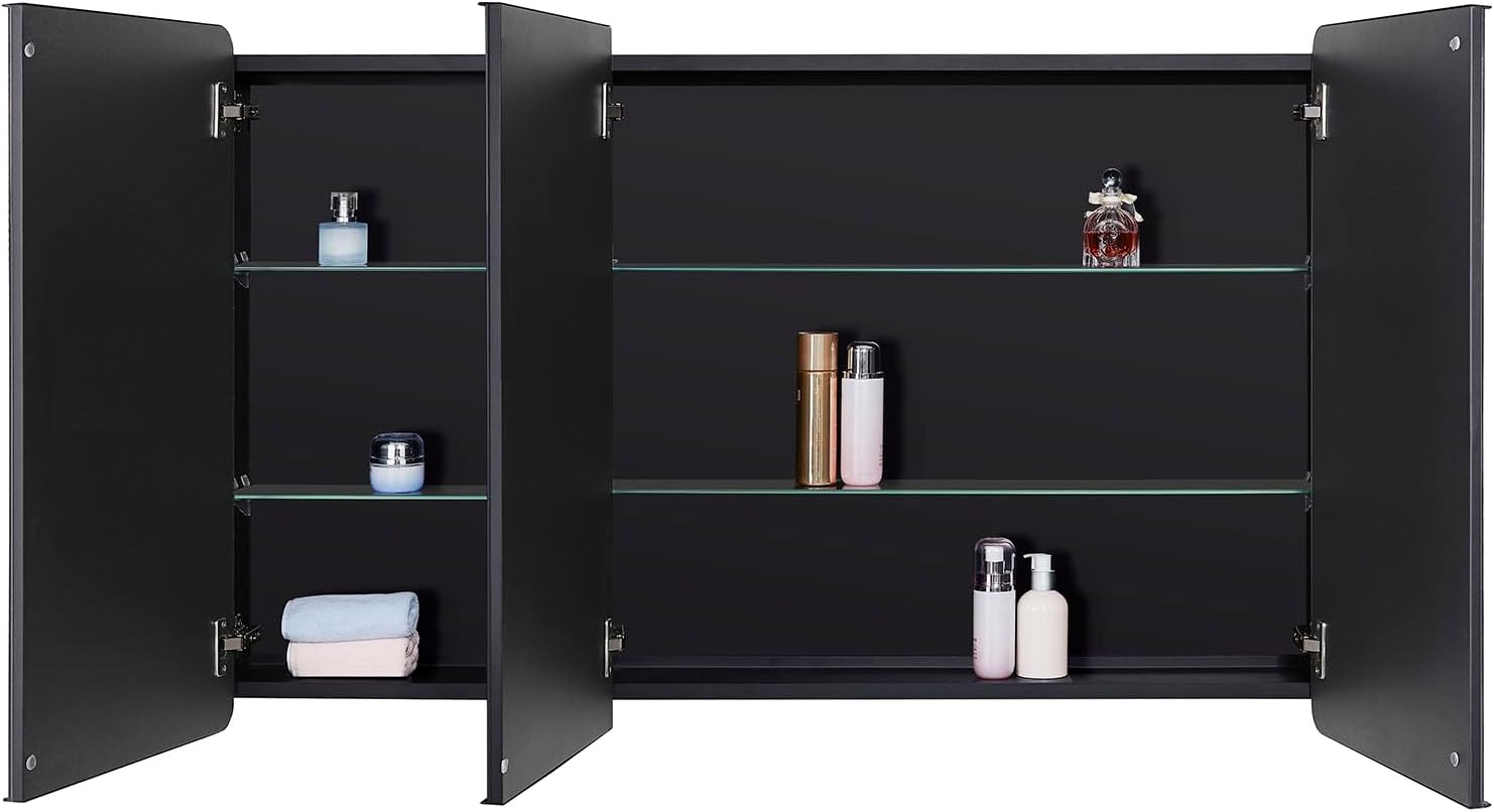 IDYLLOR Bathroom Mirror Medicine Cabinet with Round Corner Framed Door 48 x 30 inch, Black，Recessed or Surface Mount, with Adjustable Glass Shelves