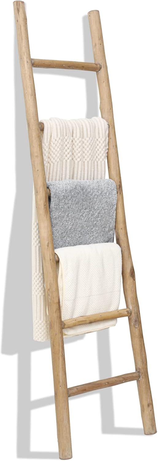 FUIN Fully Assembled 6ft Wood Blanket Ladder Living Room Decorative Wall Leaning Farmhouse Quilt Display Holder Rustic Wooden Towel Rack for Bathroom, Brown