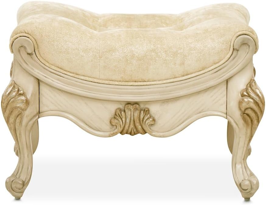 Michael Amini Platine de Royale Beige Champagne Vanity Bench Solid Rubberwood Frame Velvet Upholstery Comfortable Seating Elegant Design Durable Construction for Bedroom or Dressing Room