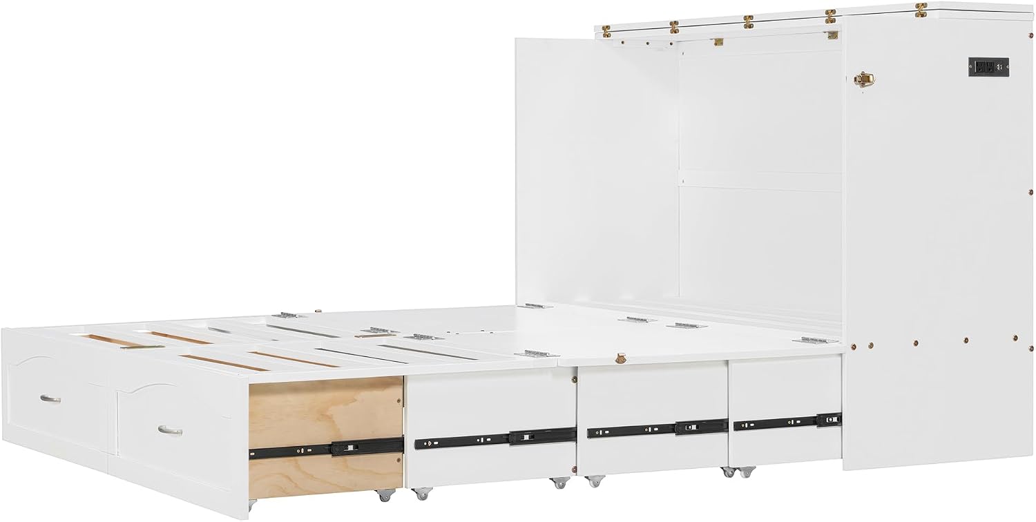 Merax Queen Size Murphy Bed Wall Bed with Drawer and a Set of Sockets & USB Ports, Pulley Structure Design, White
