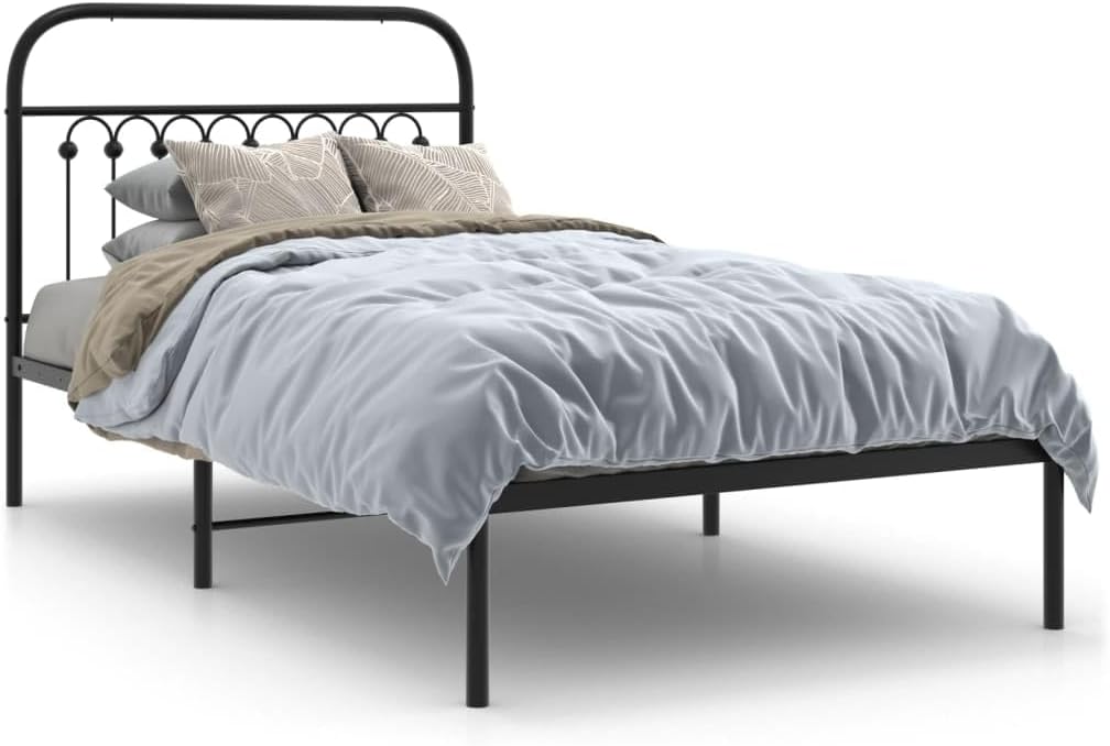 Twin Bed Frame Black Steel Rectangular Traditional Sturdy Metal Bed Frame with Elegant Headboard for Bedroom and Guest Room Single Sleeper