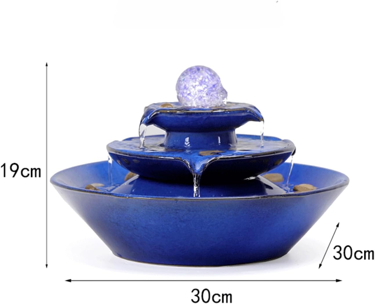11.8' Indoor Tabletop Fountain, Ceramic Multi-Tier Waterfall with Crystal Ball & Fish Tank Feature, Free 10pcs Natural Crystals, Zen Home/Office/Entryway Decor, Housewarming Gift(Blue)