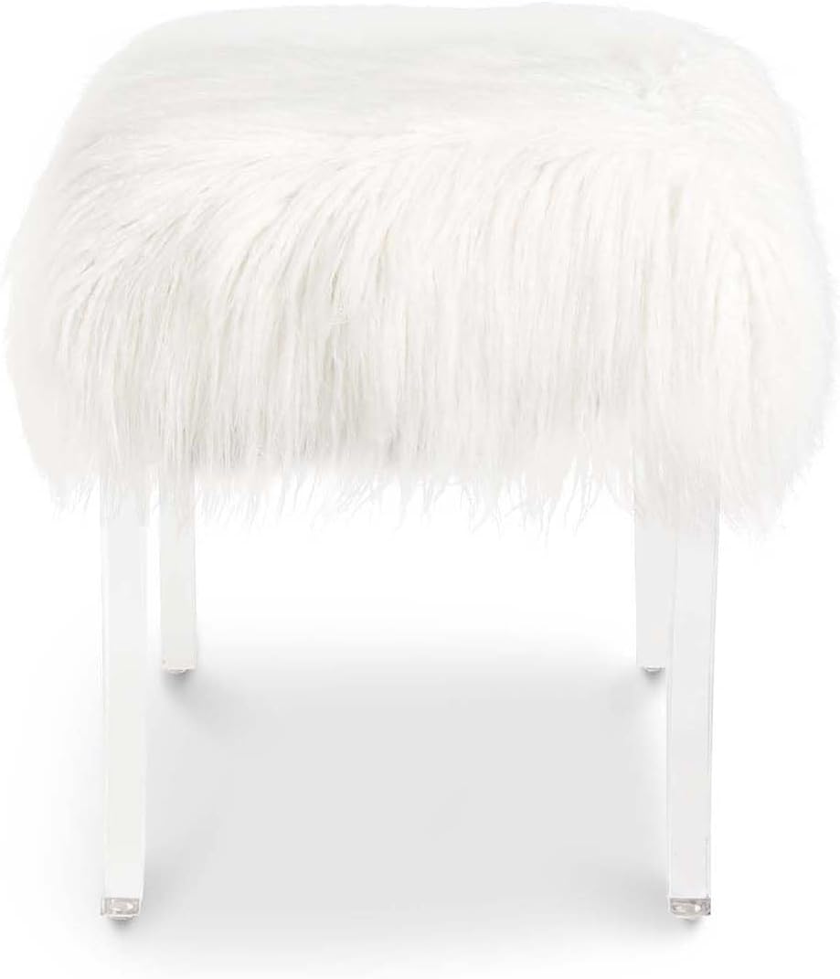 Glitzhome Ottoman Bench, White Faux Fur Ottoman Foot Rest, 24' L Modern Vanity Stool Chair with Acrylic Legs for Living Room Bedroom Entryway Makeup Bench End of Bed