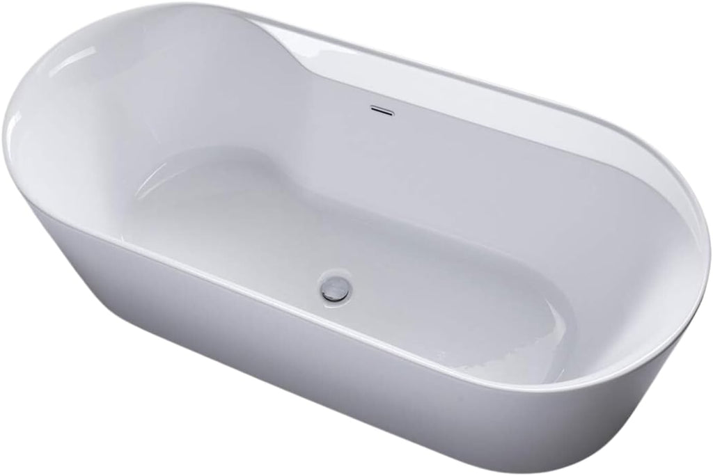 Carver Tubs - Amur 70' - Modern White Freestanding Soaking Bathtub With Chrome Drain - Modern Spacious Two Person Acrylic Fiberglass Bath Tub - Deep Relaxing Soak - 70.5″L x32.5'W x 23'H