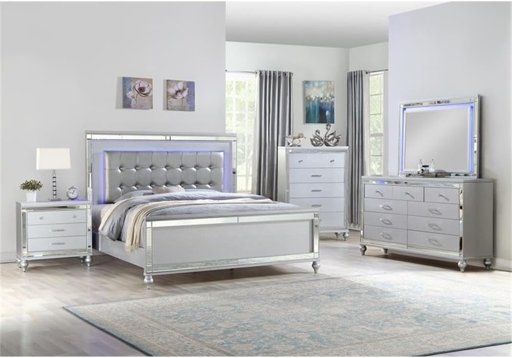 Sterling King 5 PC LED Bedroom Set Made with Wood in Silver Color