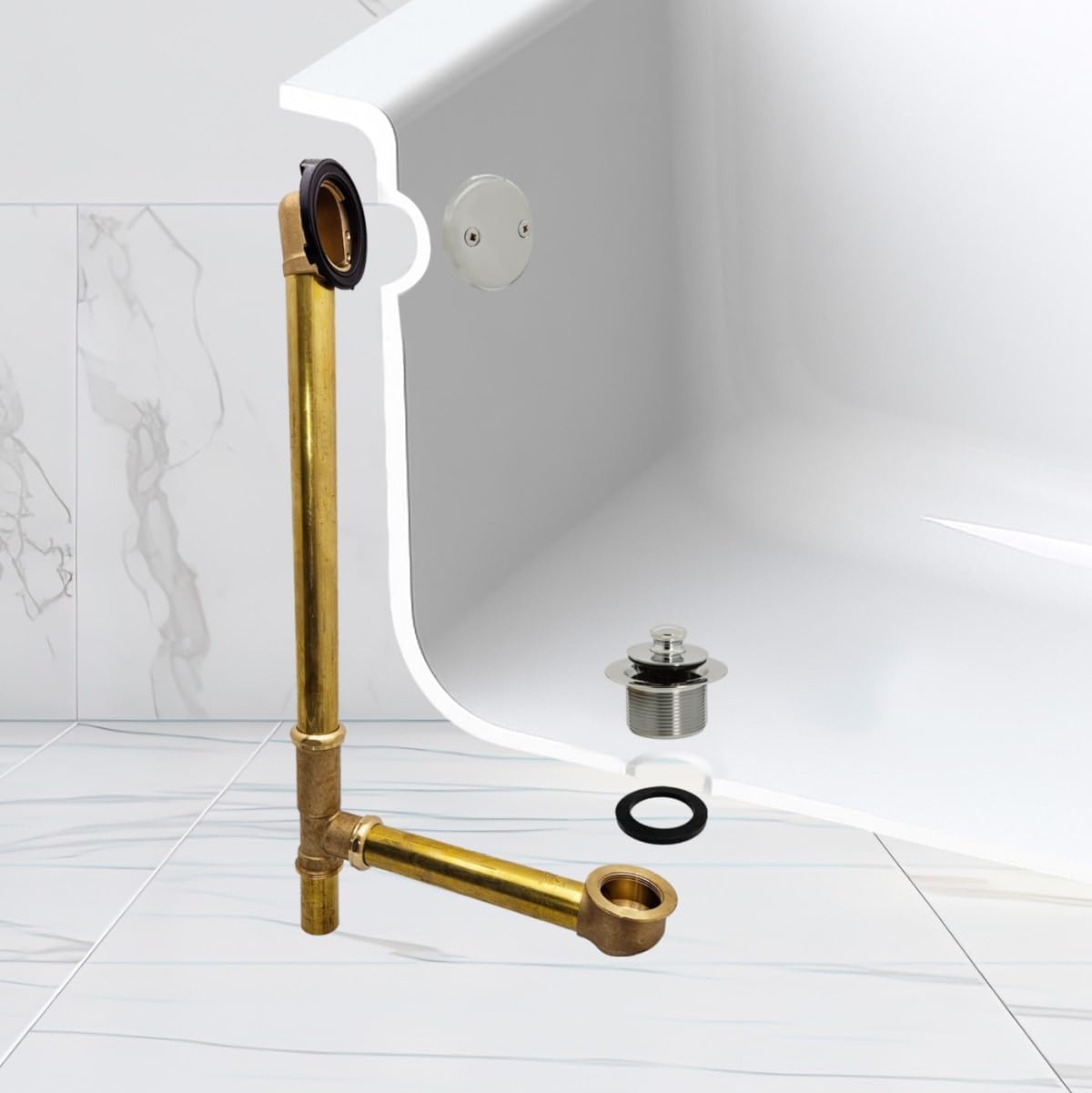 Westbrass A3264-05 22-1/2' Brass Bath Waste & Overflow Assembly with Pull Drain Plug and 2-Hole Faceplate, Polished Nickel