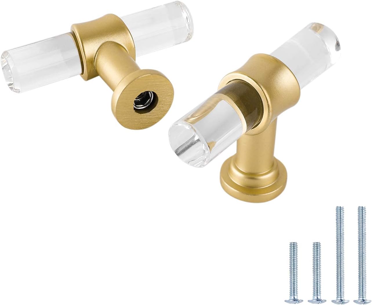 LONTAN 100 Pack Acrylic Kitchen Cabinet Knobs Gold Drawer Knobs Modern T Bar Clear Cabinet Door Handles White Kitchen Hardware for Dresser Bathroom,Zinc Alloy Base