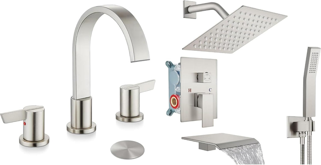 Midanya Brushed Nickel Morden Widespread Bathroom Faucet 3 Holes 2 Handles 8 Inch Vanity Faucet with 8 Inch Brushed Nickel Rain Shower System Tub Shower Faucet Set Square Waterfall Tub Spout