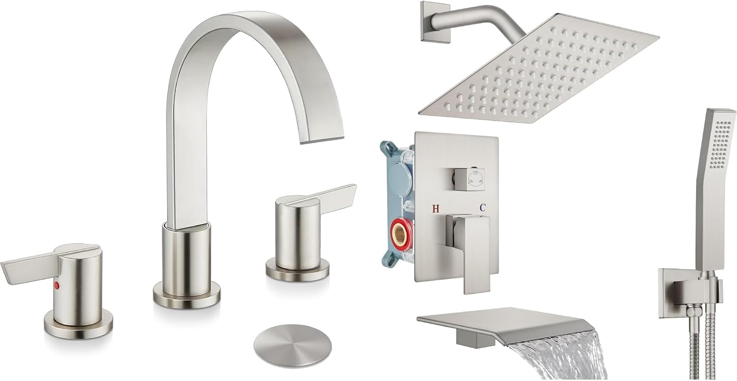 Midanya Brushed Nickel Morden Widespread Bathroom Faucet 3 Holes 2 Handles 8 Inch Vanity Faucet with 8 Inch Brushed Nickel Rain Shower System Tub Shower Faucet Set Square Waterfall Tub Spout