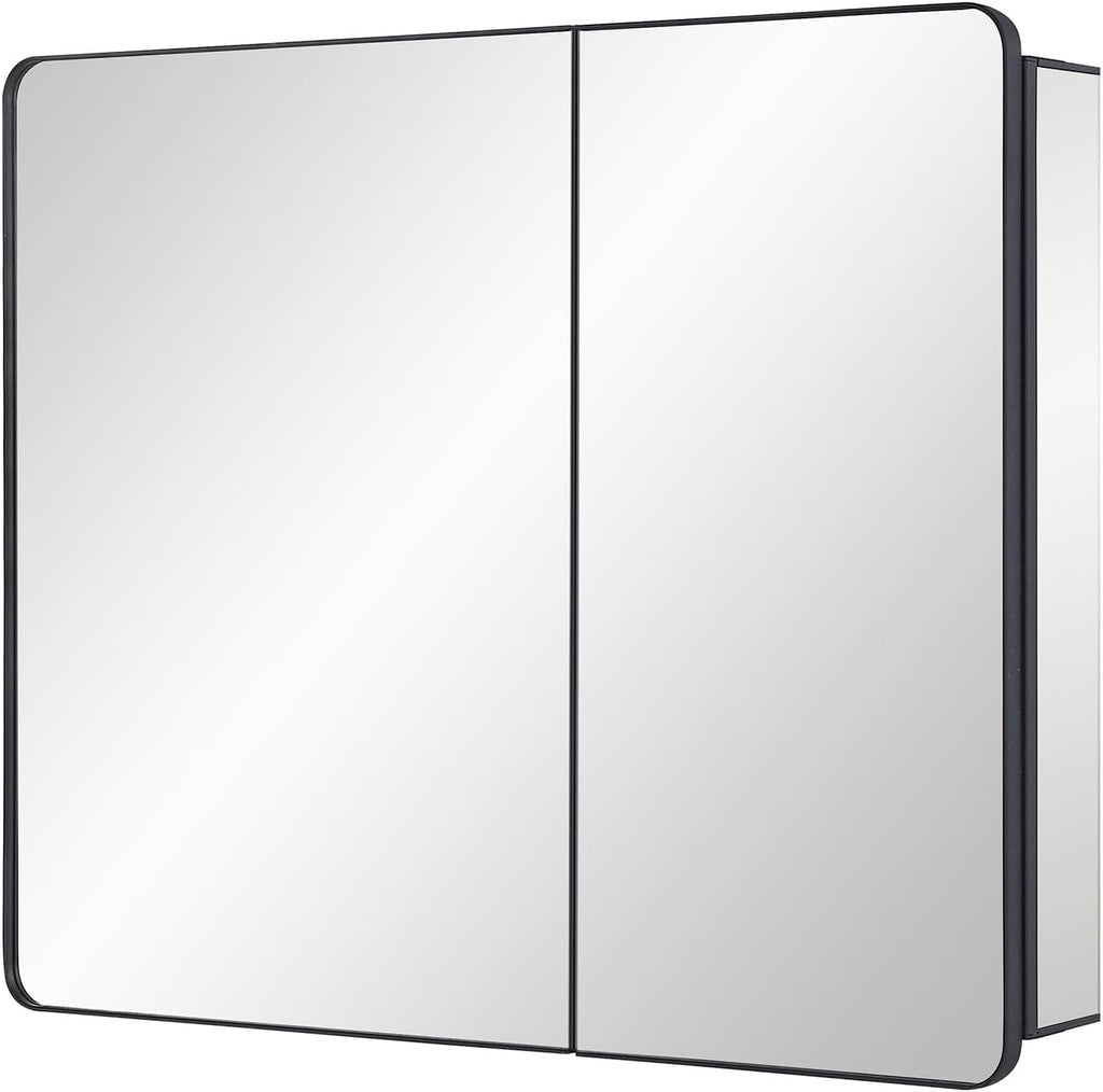 IDYLLOR Black Bathroom Mirror Medicine Cabinet with Round Corner Framed Door 30 x 25.6 inch, Recessed or Surface Mount, with Adjustable Glass Shelves
