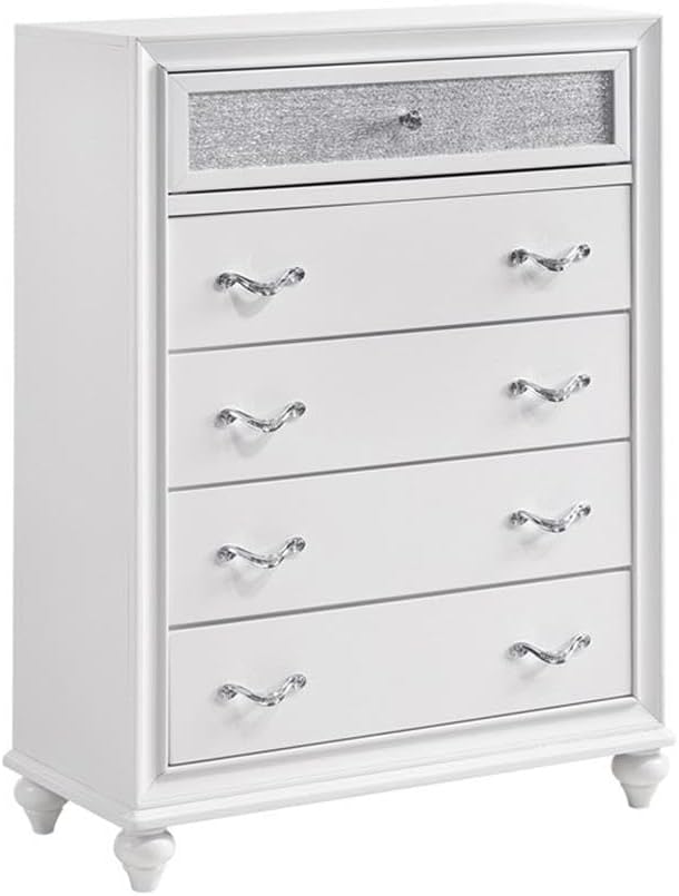 Pemberly Row 5-Piece Eastern King Wood Bedroom Set, White Finish with Gray Faux Leather Upholstery, Panel Bed, Nightstand, Dresser, Mirror, Chest, Glam Style for Transitional Bedroom Decor