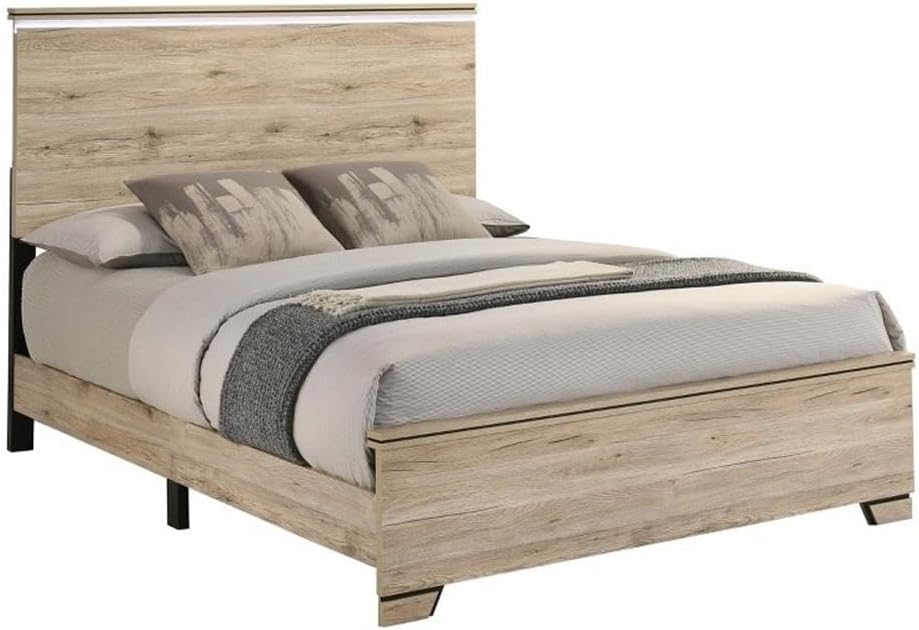 Best Quality Furniture Rustic Light Brown Oak Wood Queen Panel Bed Frame with LED Headboard