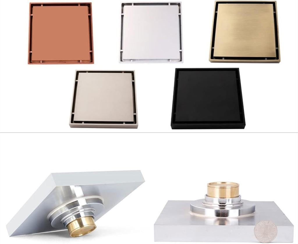4 Inch Invisible Shower Floor Drain Brass Shower Drain with Tile Insert Grate Removable Cover Hair Catcher Strainer, Square Floor Drainer with Hair Strainer for Kitchen Washro,Gold