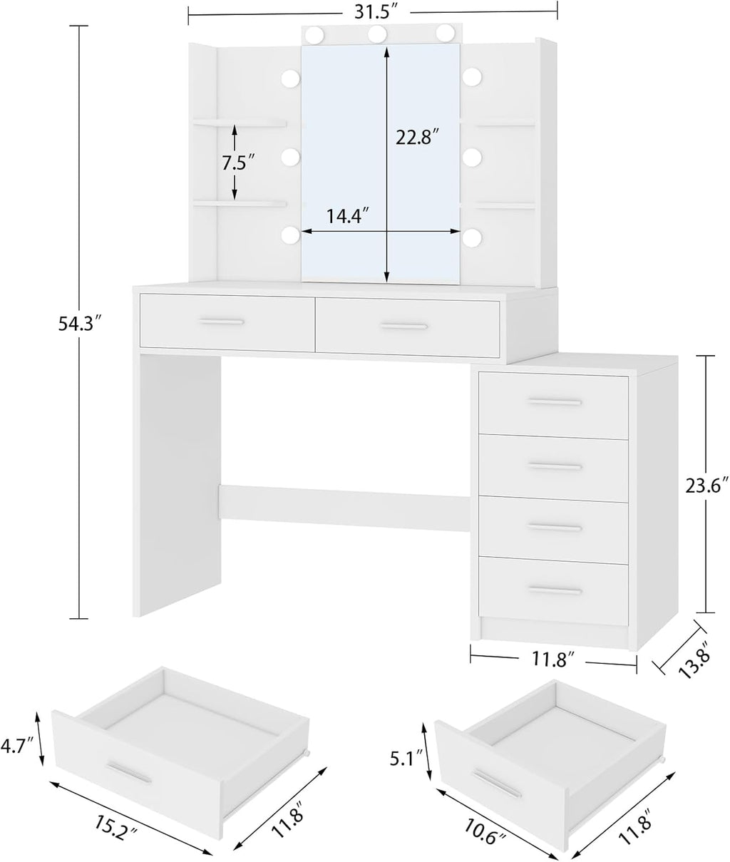 Quimoo 43.3' W Vanity Desk with Mirror and 9 LED Lights, Makeup Vanity with 6 Drawers, 6 Open Shelves, White Vanity for Women Girls, 43.3' W x 13.8' D x 54.3'