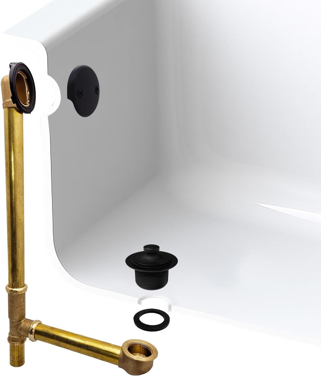 Westbrass A3264-62 22-1/2' Brass Bath Waste & Overflow Assembly with Pull Drain Plug and 2-Hole Faceplate, Matte Black
