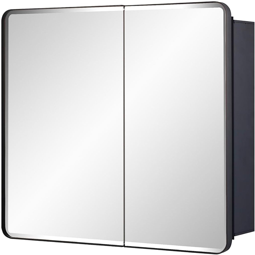 IDYLLOR Black Bathroom Medicine Cabinet with Round Corner Framed Door and Beveled Edge Mirror 22 x 20 inch, Recessed or Surface Mount, with Adjustable Glass Shelves